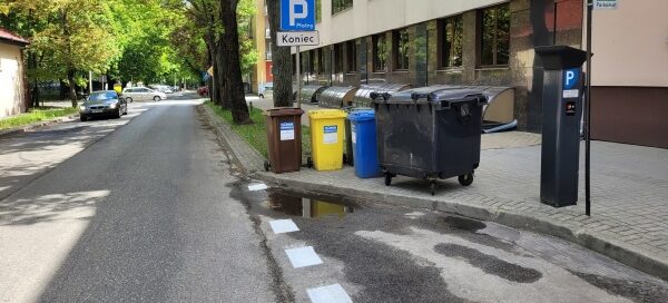 Wydzielone trawniki oraz drzewa rosnące przy chodniku. Widoczne kolorowe pojemniki na śmieci.