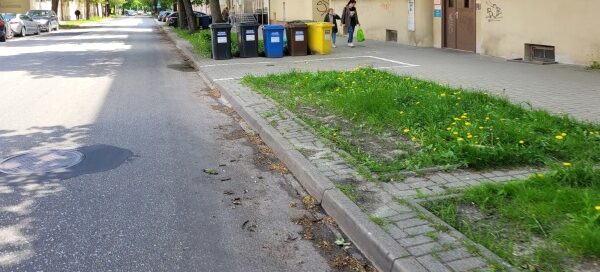 Wydzielone trawniki oraz drzewa rosnące przy chodniku. Widoczne kolorowe pojemniki na śmieci.