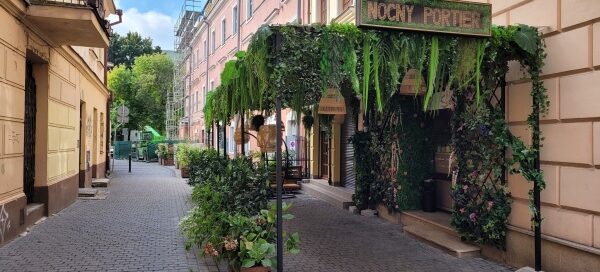 Zielona roślinność ozdabiająca zadaszone wejście do jednej z restauracji w centrum miasta.