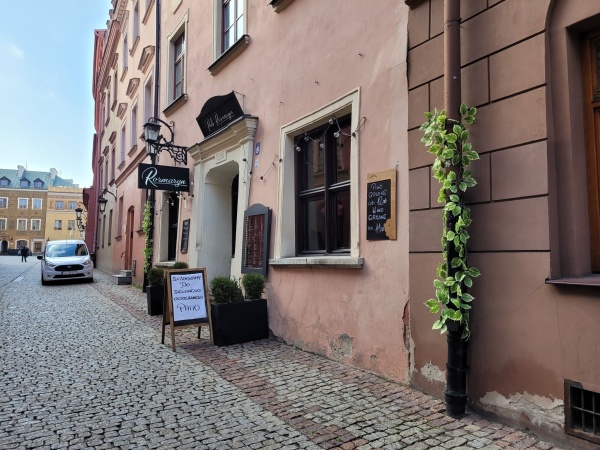 Zielone pnącze dekorujące rynnę przy kamienicy na Starym Mieście.