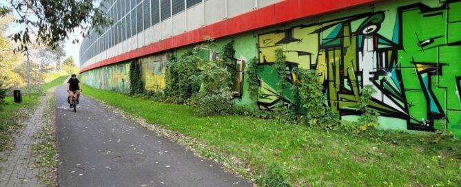 Chodnik i ścieżka rowerowa, obok ekranów akustycznych cząściowo porośniętych pnączami.