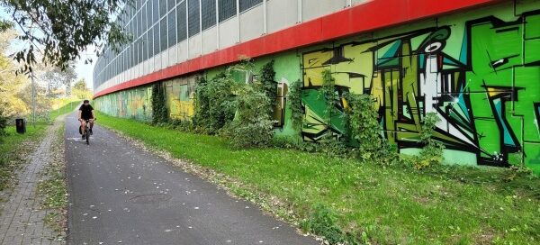 Chodnik i ścieżka rowerowa, obok ekranów akustycznych cząściowo porośniętych pnączami.