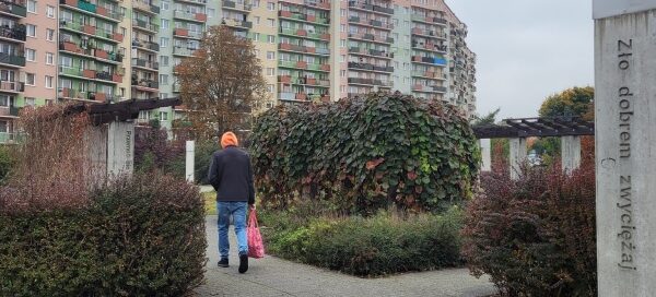 Skwer z pergolą porośniętą pnączami, oraz z nasadzeniami krzewów. Widoczna betonowa kolumna z napisem "zło dobrem zwyciężaj".