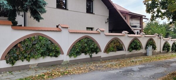 Mur, w którego otworach zasadzono pnącza. Pnącza mają formę drzewek.