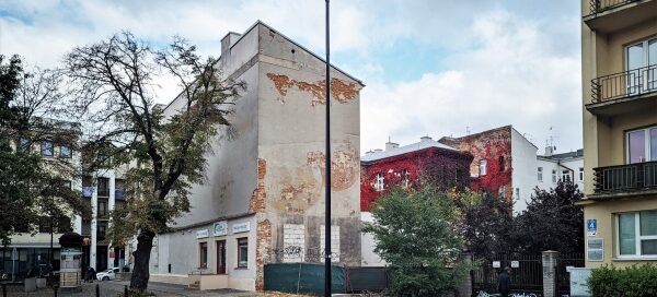 Kamienice w centrum miasta porośnięte pnączami. Kolor pnączy jest czerwony.