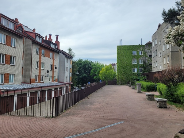 Miejsce przed klatkami wyjściowymi z bloków. W tle widoczna jest ściana bloku porośnięta pnączami.