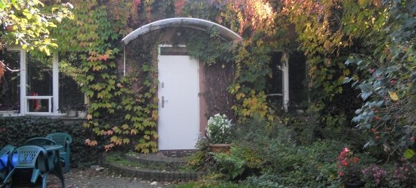 Widok na domek, porośnięty pnączami, od strony ogrodu. Widoczne wejście do domu, trawnik oraz kwiaty.